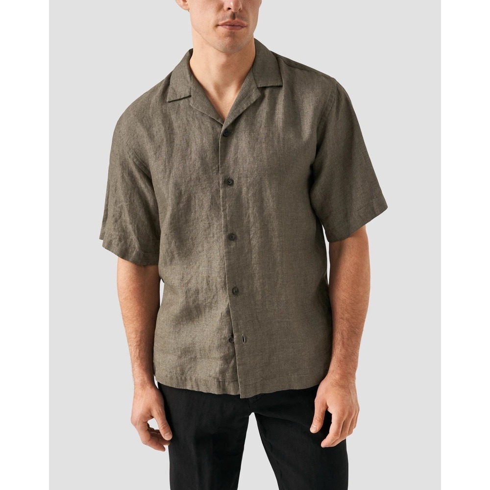 Theory Daze Precise Linen Camp Collar Short Sleeve Shirt Brown XL
